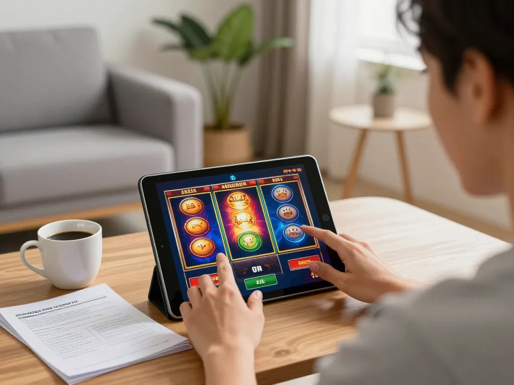 Person engaged in online slots gameplay on tablet, showcasing UU88 gaming experience in a cozy home setting.