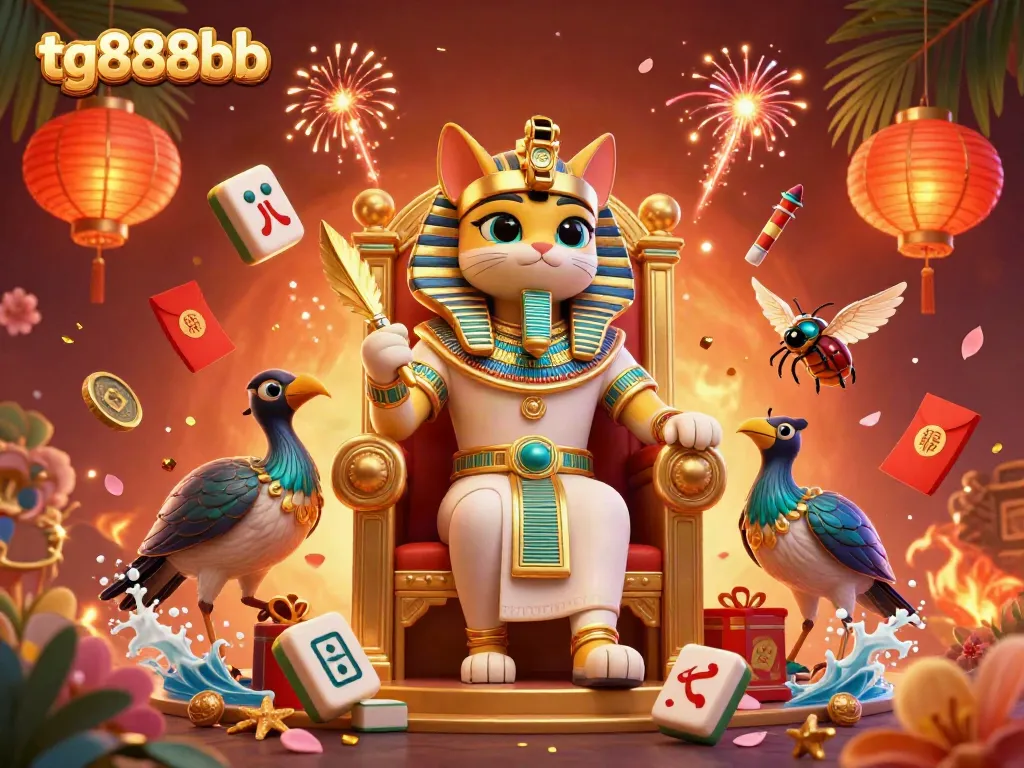 Engage with tg888bb's captivating gaming world featuring a royal pharaoh cat and vibrant casino elements.