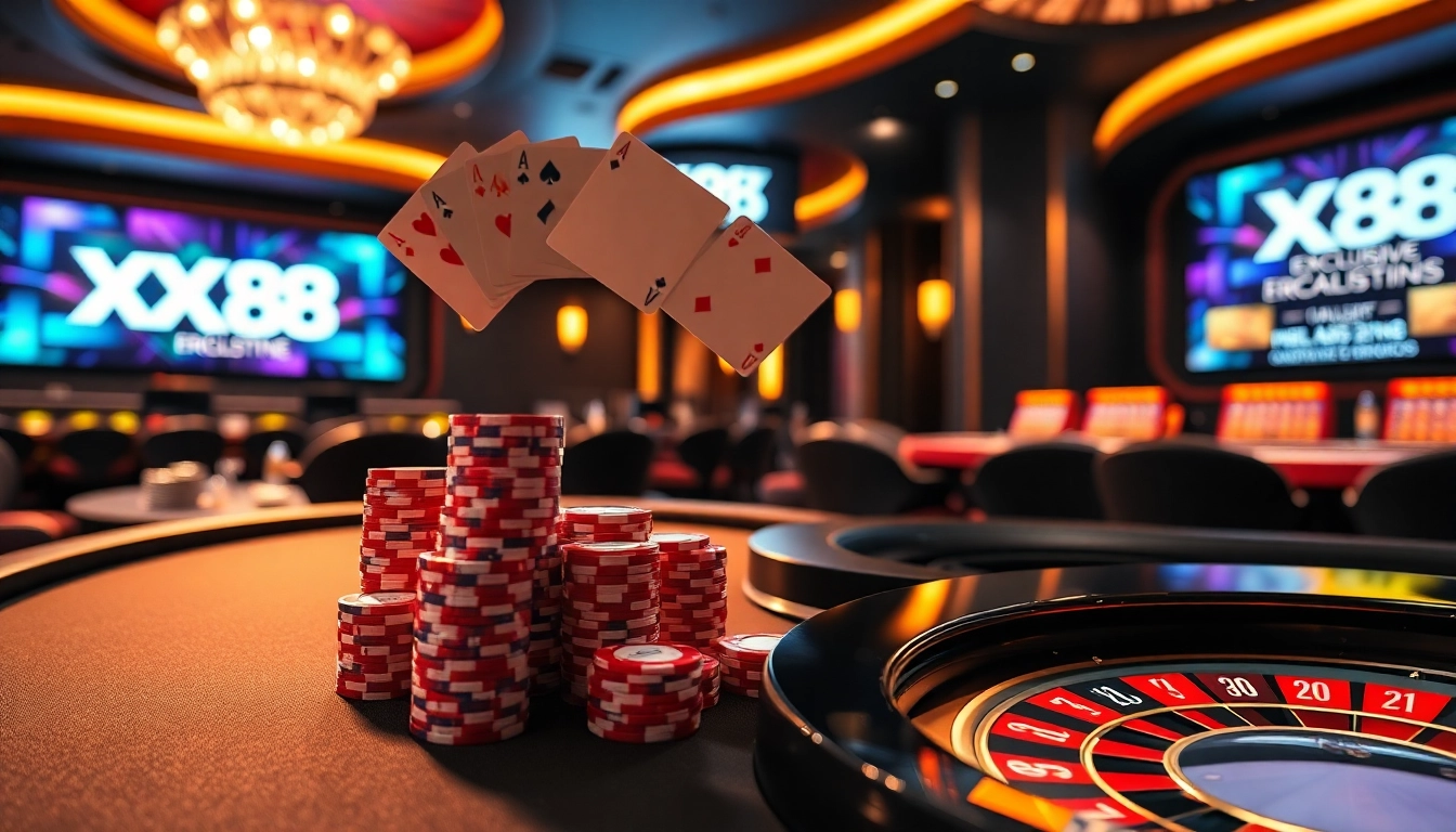 Players enjoy high-stakes games at XX 88's luxurious casino tables, surrounded by vibrant decor.