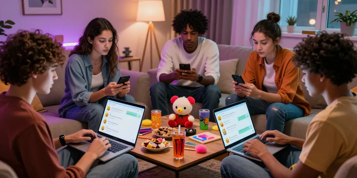 Young adults engaging in sex chat AI conversations in a cozy digital setting, showcasing interactive devices and playful atmosphere.