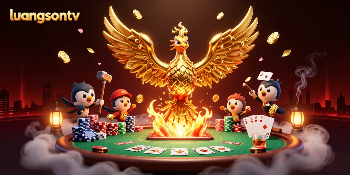 luongsontv offers a stunning visualization of a molten golden phoenix entwined with poker elements, engaging players.