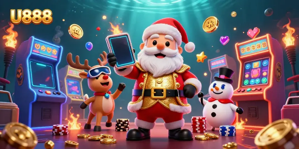 Experience jackpot excitement with U888 in a vibrant casino scene featuring Santa and friends.