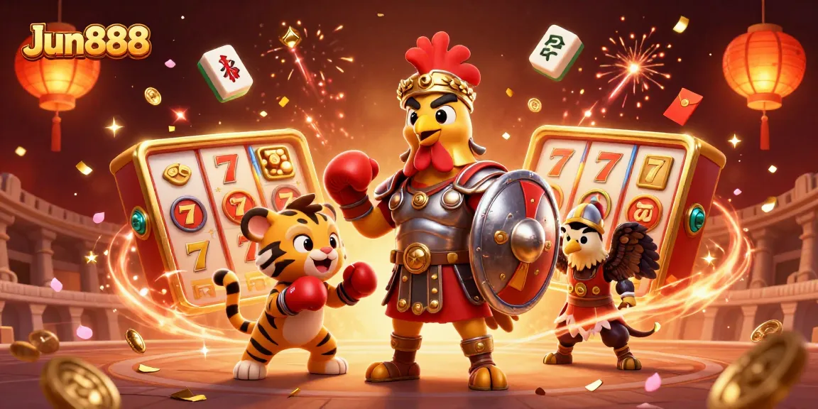 Engage in luck with Jun888 as a gladiator rooster and friends celebrate in a vibrant casino arena.