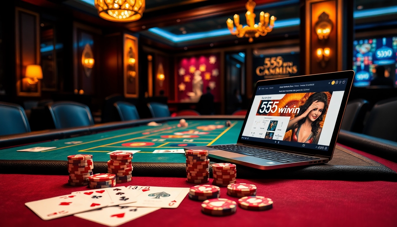 Experience the thrill of 555win at an upscale casino table with vibrant chips and cards.