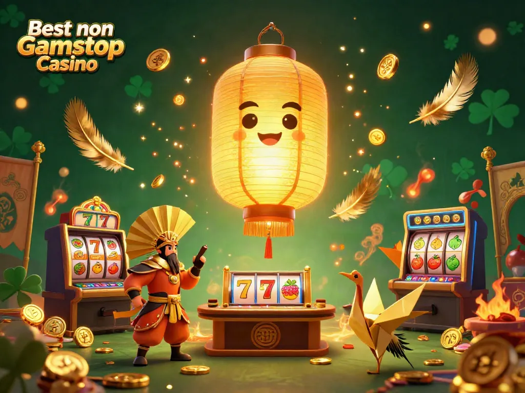 Engaging portrayal of the Best non Gamstop Casino featuring a golden lantern spirit and vibrant gaming atmosphere.