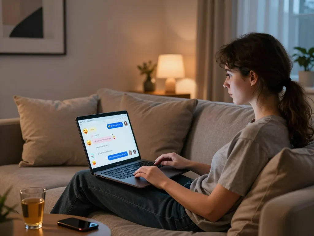 Engaging in ai sex chat on a laptop in a cozy living room setting, showcasing digital connection.