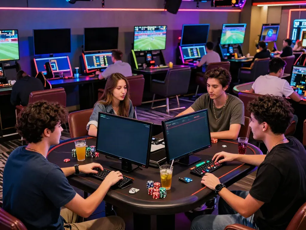 Engaged group discussing bets in a modern gaming lounge at https://c168slot2.com/ with vibrant lighting and screens.