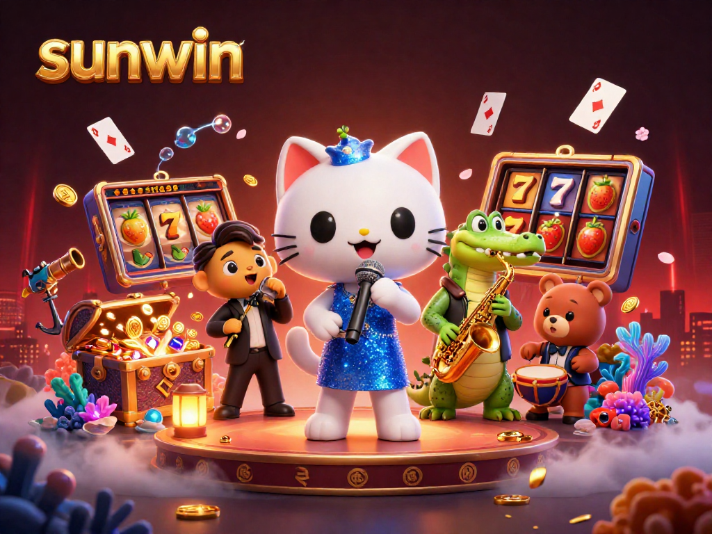 Experience sunwin with vibrant casino characters and dynamic gaming elements in this colorful illustration.