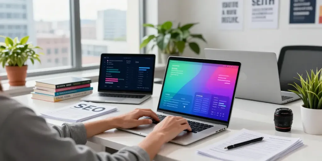 Marketer analyzing data on instant indexing strategies at a modern workspace.