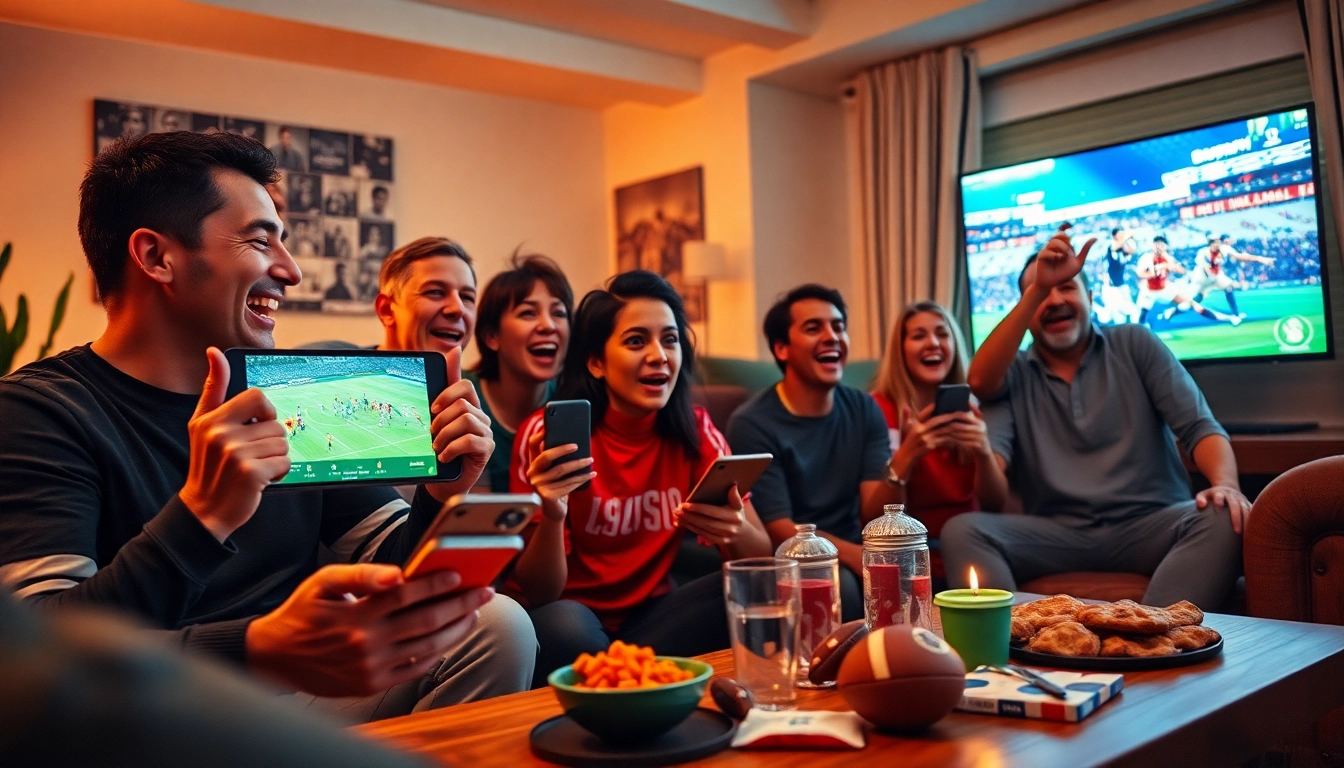 Xoilac streaming service: Football fans excitedly watching live matches in a cozy setting.