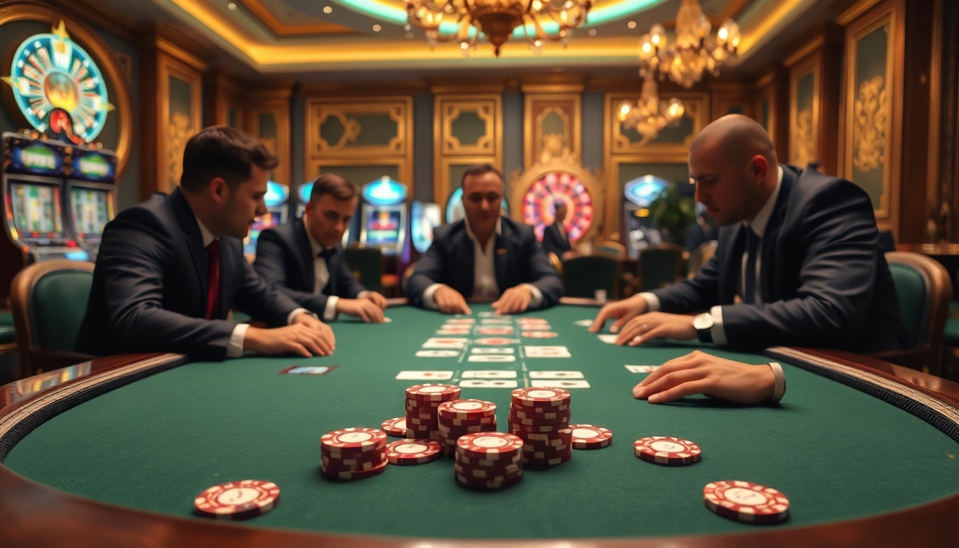88I casino table with professional players engaging in an intense poker game.