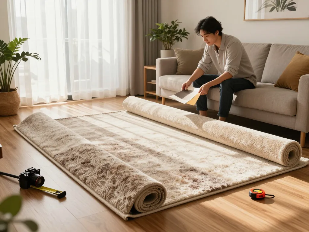 Residential carpet installation in a warm living room with a professional installer and cozy decor.
