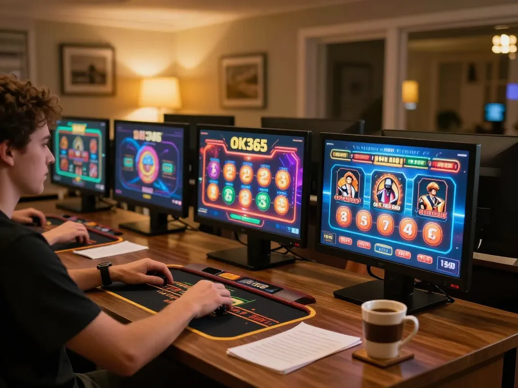 Player engaging with live dealer games at OK365 on multiple screens, enhancing online gambling experience.