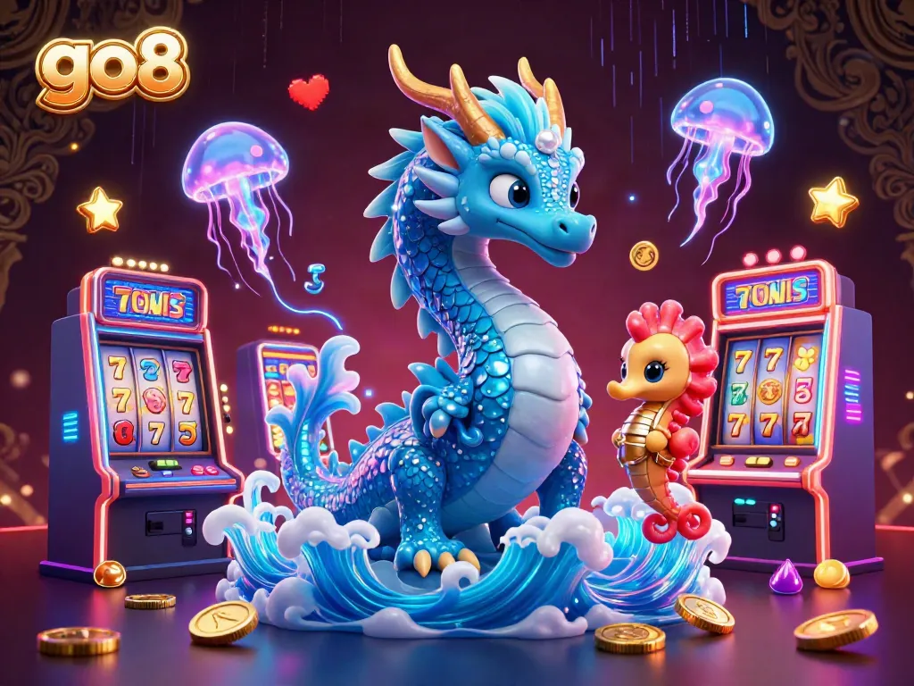 Experience thrilling casino gameplay with go8, featuring a majestic water dragon surrounded by vibrant slot machines and glowing jellyfish.