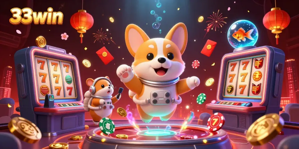 Experience exciting gaming with 33win in a vibrant space station casino scene.