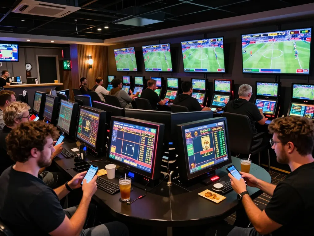 Engaged bettor excitedly reviewing debet odds on smartphone in dynamic sports bar