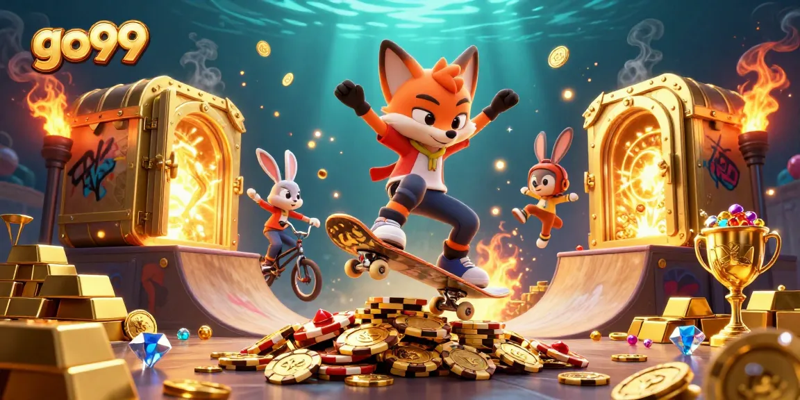 Experience go99 excitement with cartoon characters in a vibrant casino atmosphere full of treasures.