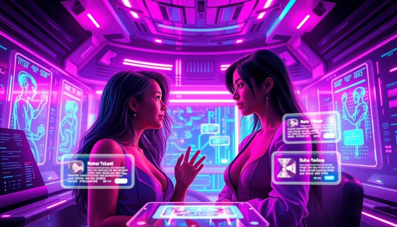 Engaging NSFW AI interactions with lifelike characters in a futuristic, neon-lit digital landscape, showcasing intimate exchanges.