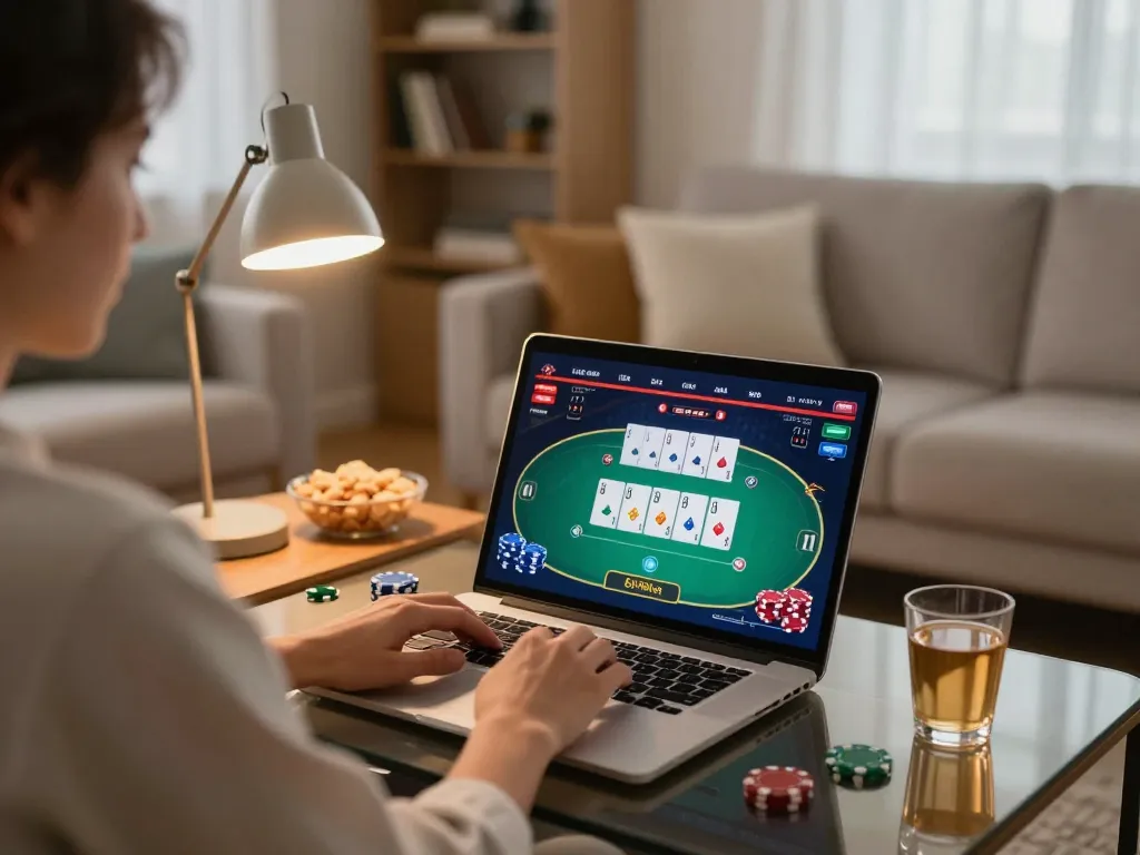 Person engaged in online gambling at home using go8 with poker game displayed on laptop.