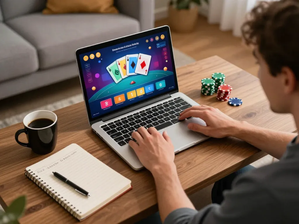 Engaging online poker experience on a laptop displaying 888NOW casino interface with strategic notes alongside.
