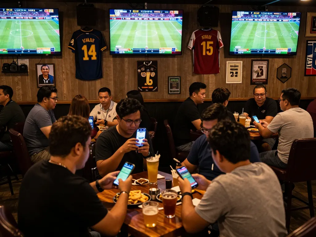 KÈO TRỰC TUYẾN scene showcasing an energetic sports betting atmosphere in a lively sports bar.