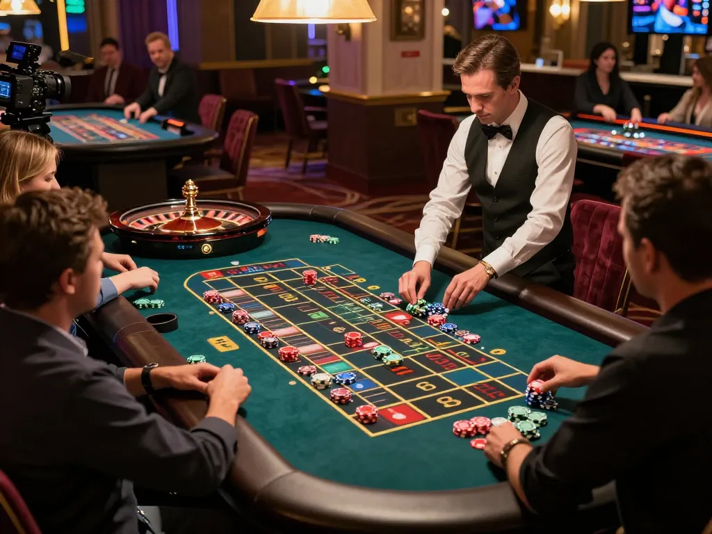 Experience the thrill of WIN33 casino roulette action with vibrant chips and excited players.