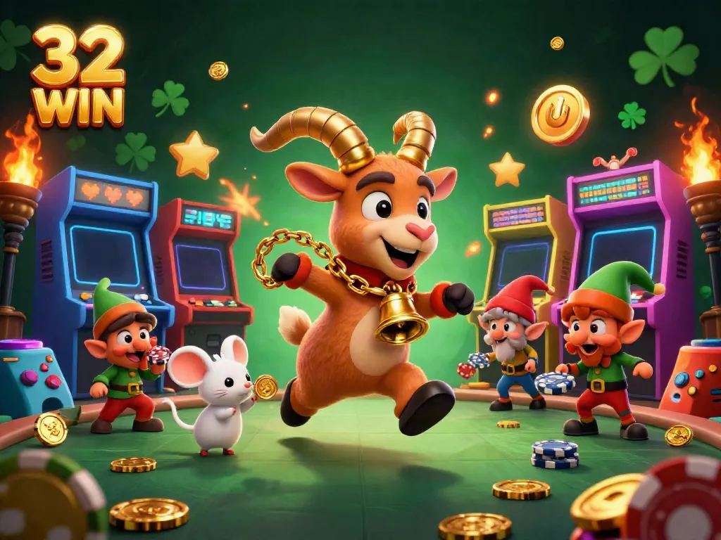 Experience the excitement of 32 WIN with a lively casino scene featuring a Krampus goat, angel mouse, and mischievous elves.