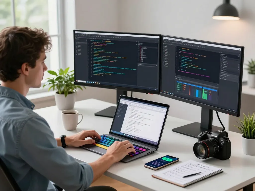 Moltbot AI personal assistant showcased in a productive software development workspace, highlighting coding, UI design, and modern tech atmosphere.