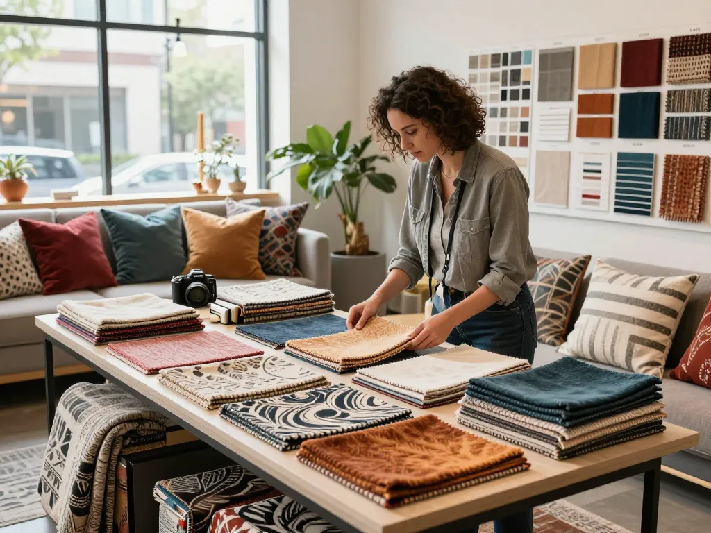 Sunwin textile designs in a vibrant showroom, showcasing innovative fabrics and home decor inspiration.