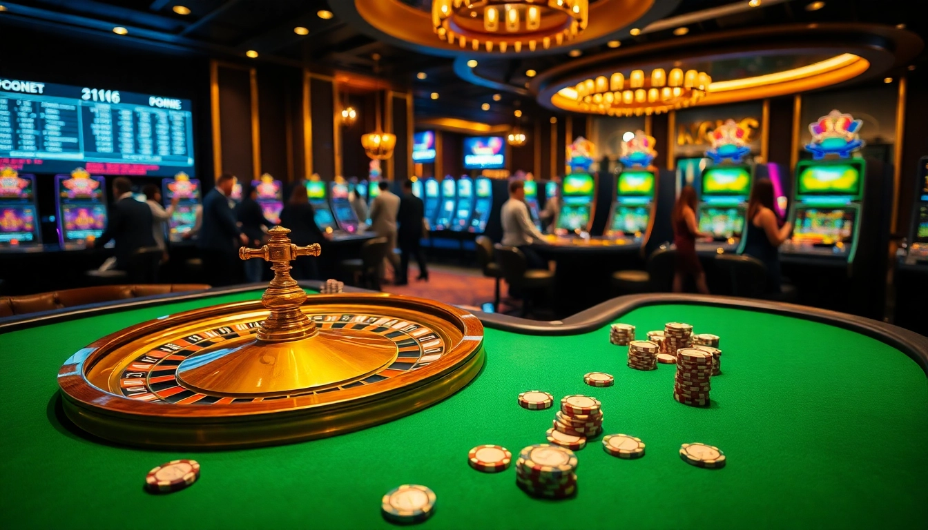 Experience the thrill of kèo nhà cái with a vibrant casino scene filled with poker tables and a roulette wheel.