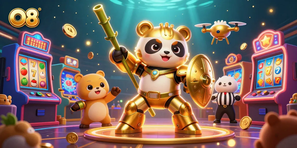 Experience the thrill of O8's dynamic casino scene with vibrant slot machines and engaging characters.