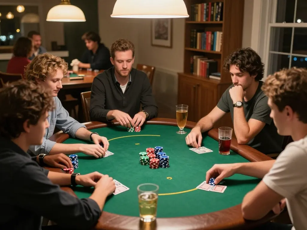 Engaging poker action at nhà cái 58win home game night, players focusing on their strategies.