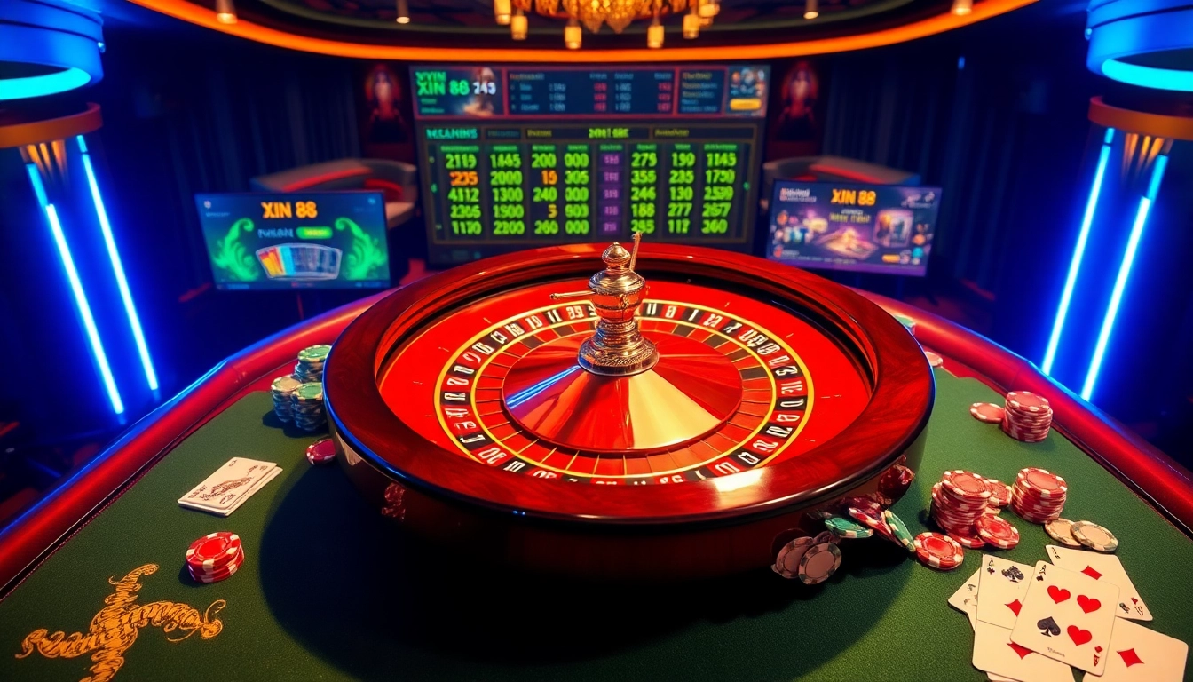 Engage with Xin 88 at a vibrant casino table, spinning roulette and colorful betting chips.
