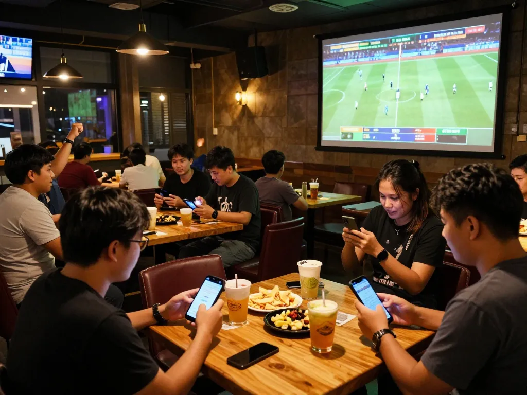 Exciting patrons intensely following tỷ lệ kèo nhà cái hôm nay while placing bets in a vibrant sports bar.