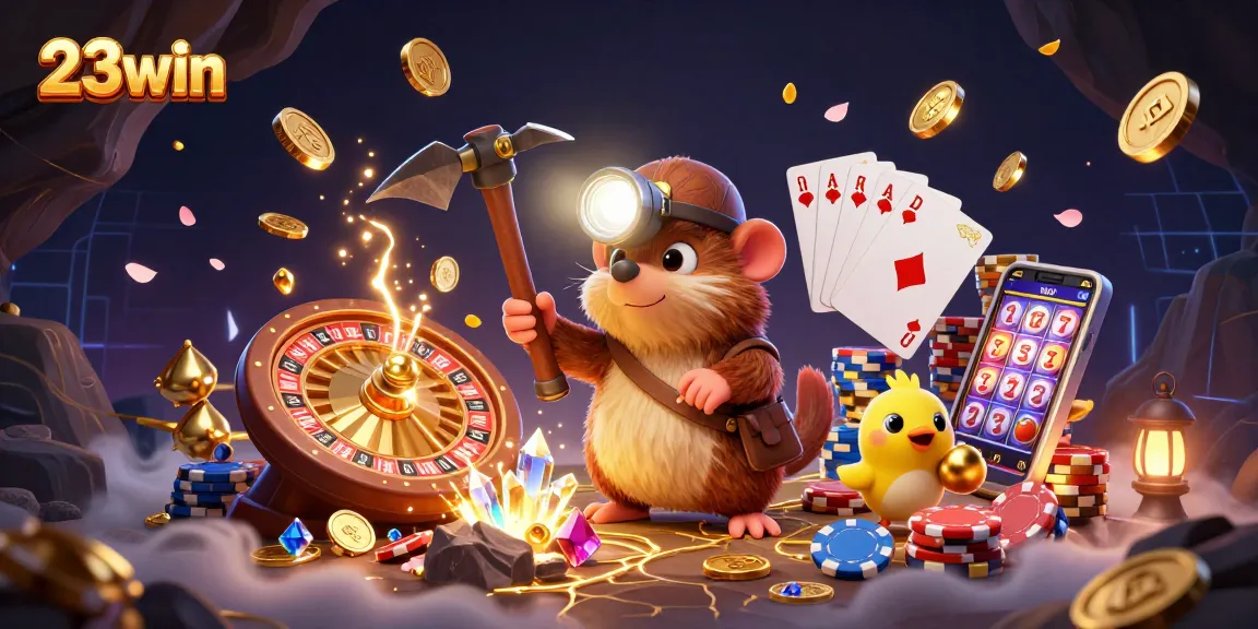 Experience thrills at 23win with golden treasures and spinning roulette in an engaging 3D scene.
