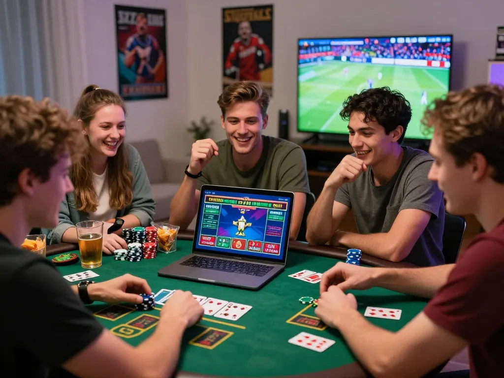 Exciting gaming scene at https://789win.ru.com/ with friends engaging in online betting, sharing snacks and laughter.