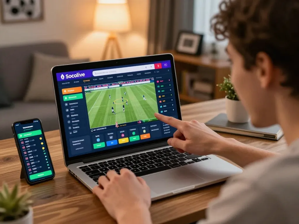 Socolive football streaming interface displayed on laptop while betting enthusiast engages in online wagering.