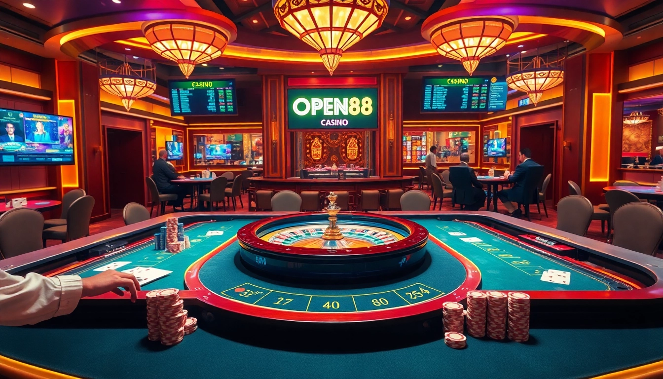 Players enjoying thrilling games at OPEN88 casino with vibrant tables and roulette wheel.