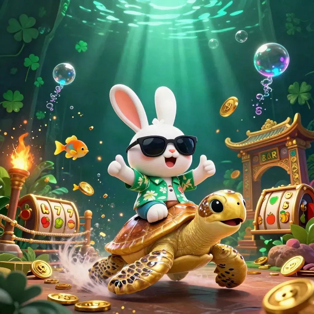Rabbit rider on a golden turtle amid coins, reels, fish, glow, and temple ruins.