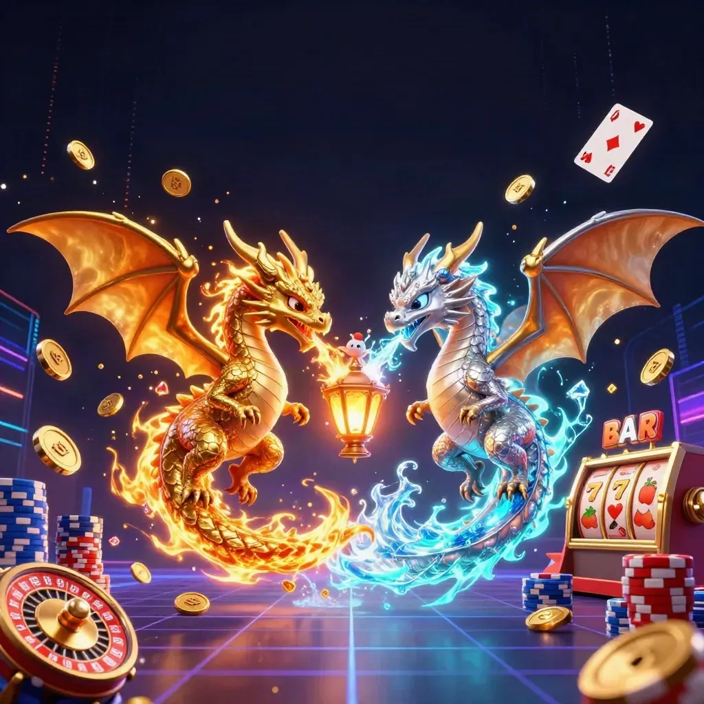 Gold and silver dragons spiral in neon casino chaos with coins, reels, chips, and magic light.