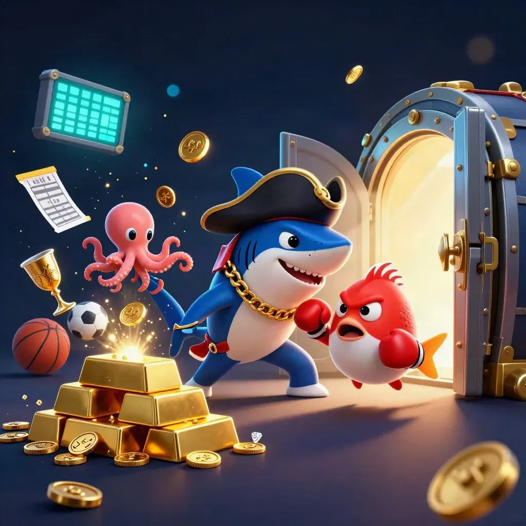 Pirate shark, pufferfish, and octopus amid casino loot, sports balls, and neon treasure light.