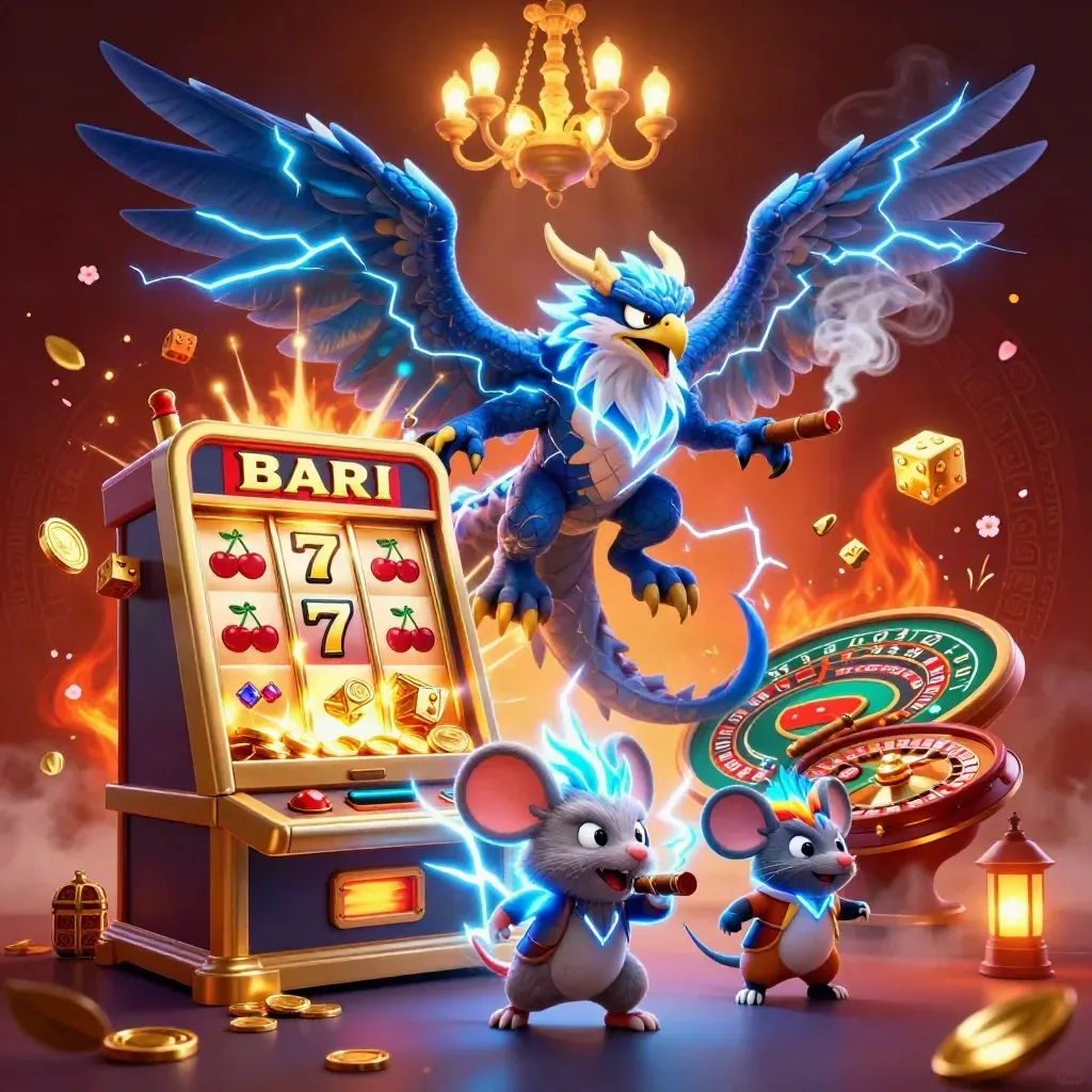 Thunder dragon, wind hawk and static mouse amid a slot burst, gold coins and casino glow.