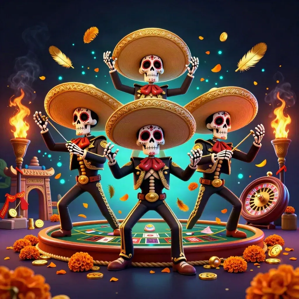 Day-of-the-Dead skeleton mariachi trio amid casino glow, coins, temple gate and torchlight.