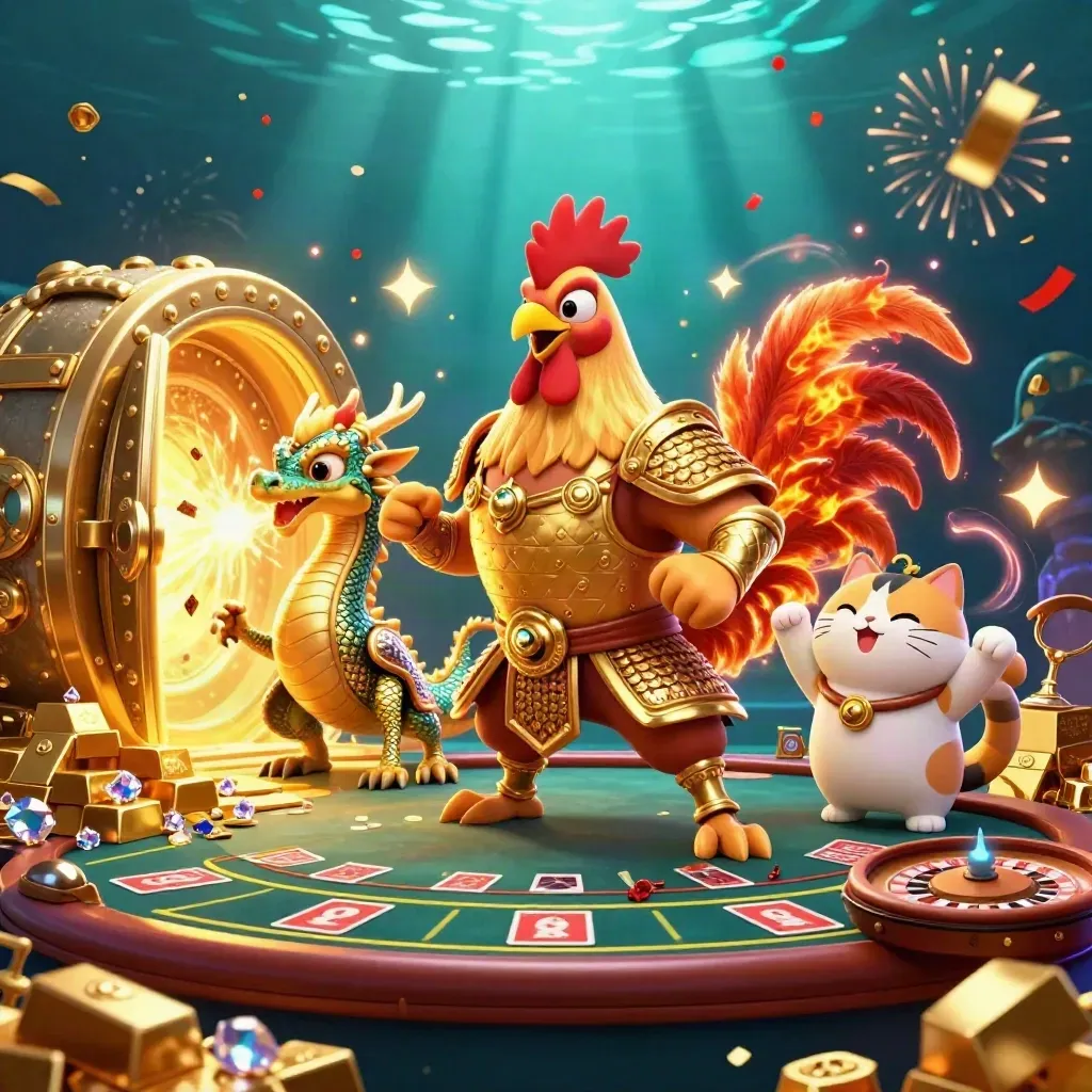 Rooster samurai, dragon hatchling, and fortune-cat amid gold, sparks, and casino luxury.