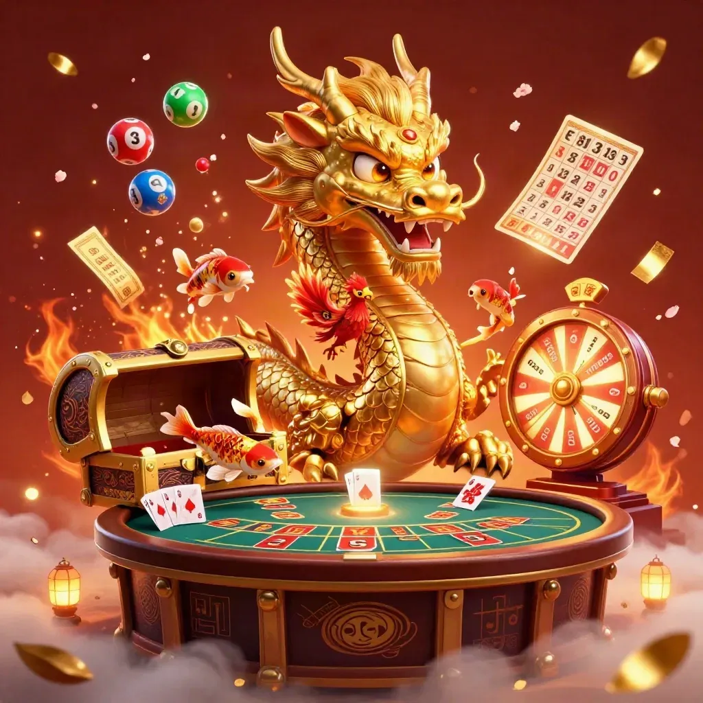 Golden dragon and phoenix above casino treasures with neon roulette and cards