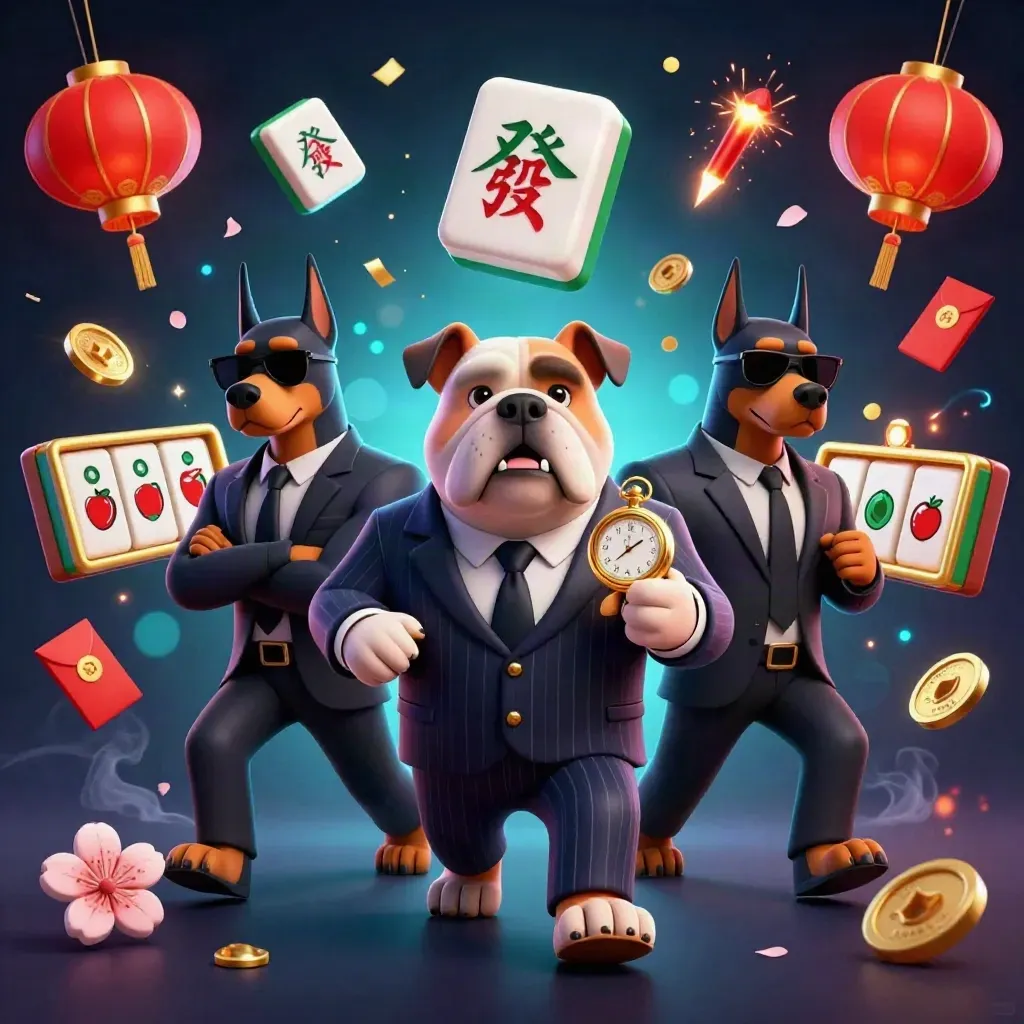 Mafia bulldog and Dobermans amid gold, teal casino effects and flying lanterns