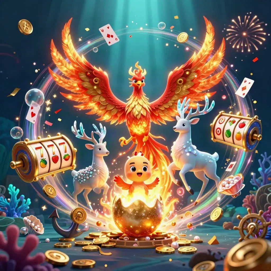 Phoenix, baby phoenix, and crystal-antler stag amid underwater treasure, coral, and casino magic.