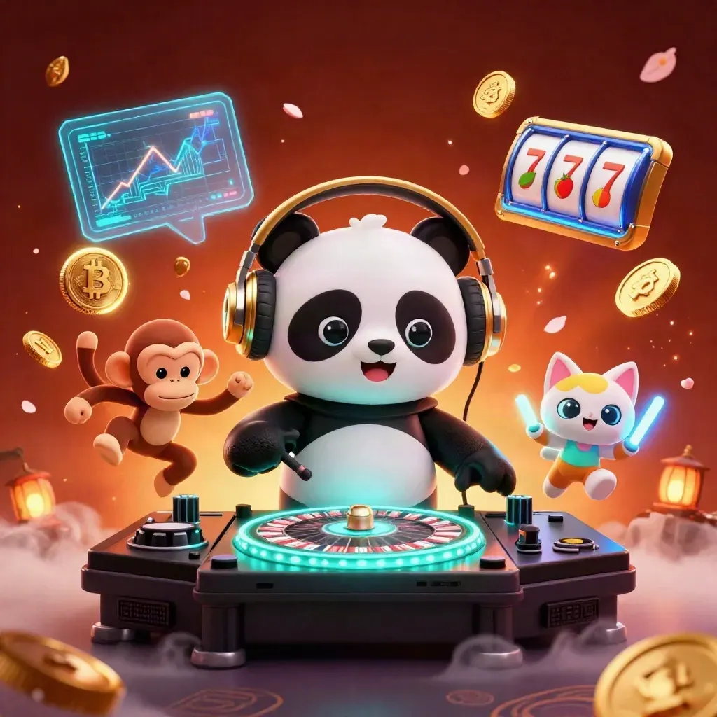 DJ panda, dancing monkey, and rave kitten blast casino energy amid coins, reels, and neon sparks.