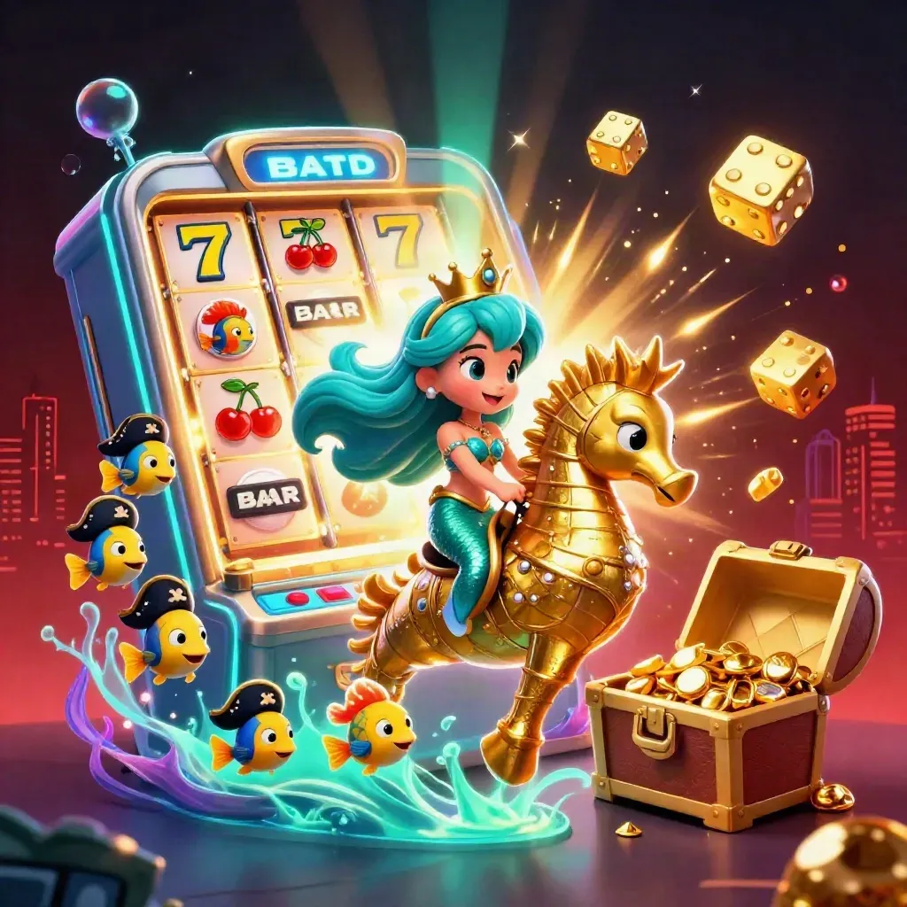 Mermaid princess on armored seahorse amid slot burst, gold treasure, teal glow, and pirate fish.