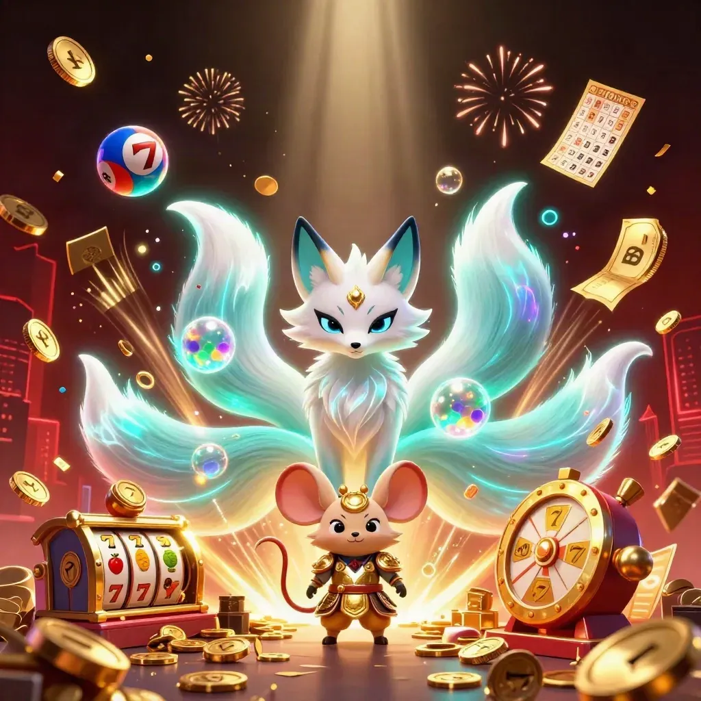 Neon fox spirit and samurai mouse amid casino gold, lottery balls, reels and fireworks.